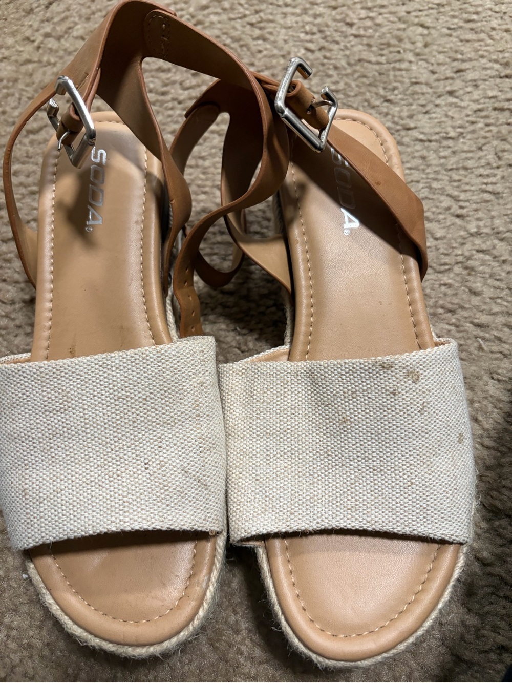 Soda Tan Ankle-Wrap Sandals with Cream Canvas Band